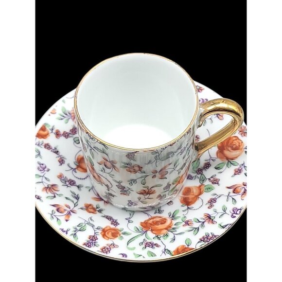 Demitasse Teacup & Saucer By Norcrest CF351 Red Rose Gold Trim Expresso Vintage - Picture 3 of 11